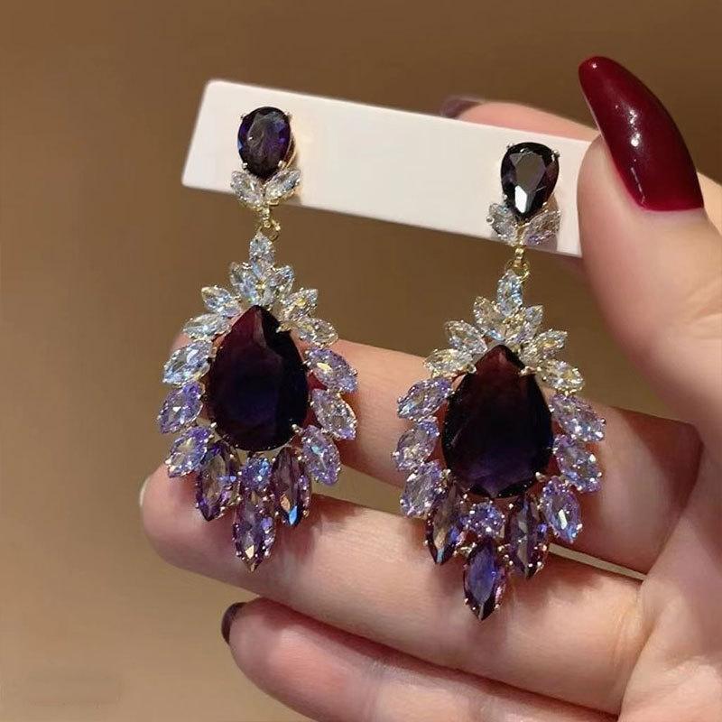 Purple Gas Donglai Full Of Diamond Fringed Earrings Temperament Exaggerated Earrings Retro Light Luxury High Sense Atmospheric Earrings Women