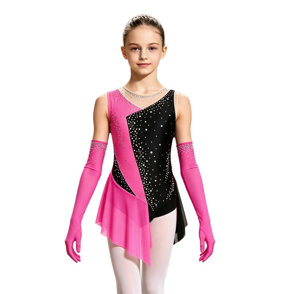 Kids Girls Latin Dance Figure Skating Leotard Sleeveless Mesh Patchwork Shiny Rhinestone Color Block with 1 Pair Gloves Competition Stage Performance