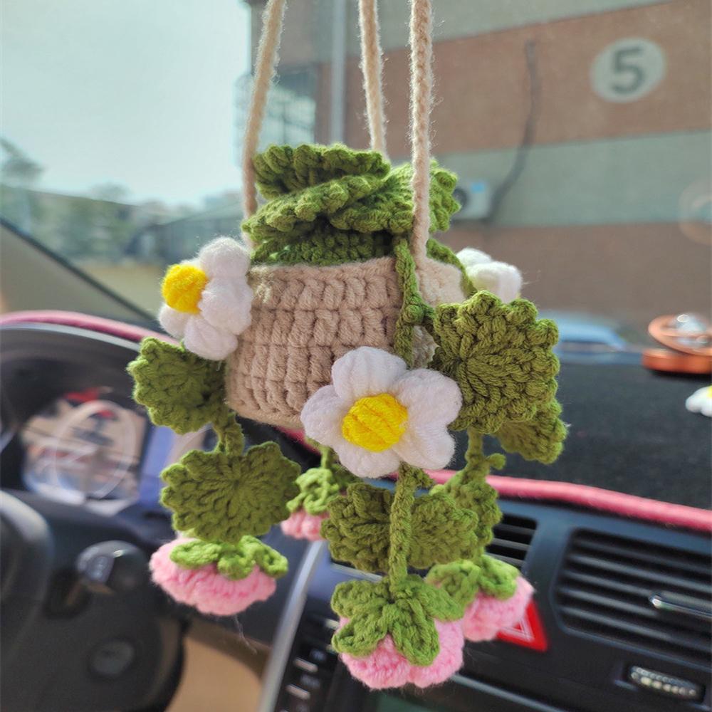Strawberry Crochet Hanging Knitted Flower Car Mirror Hanging Accessories Cute Crochet Cars Decor Woven Plants Hanging