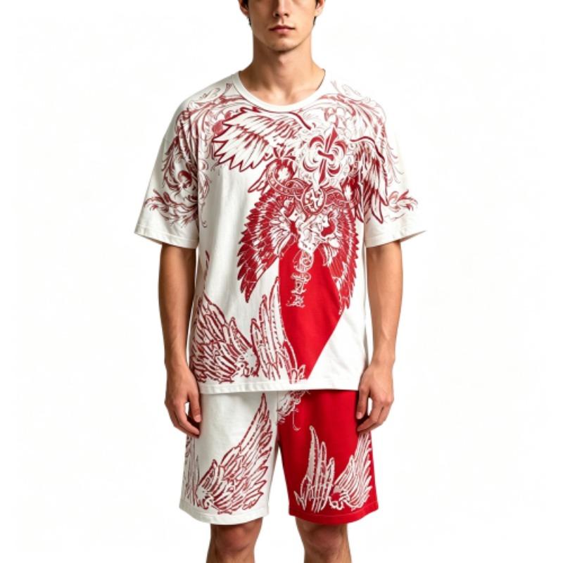 Summer Casual Angel Wing Printed Round Neck Short Sleeved T-Shirt And Shorts Set Men's and Women's T-shirt Shorts Set