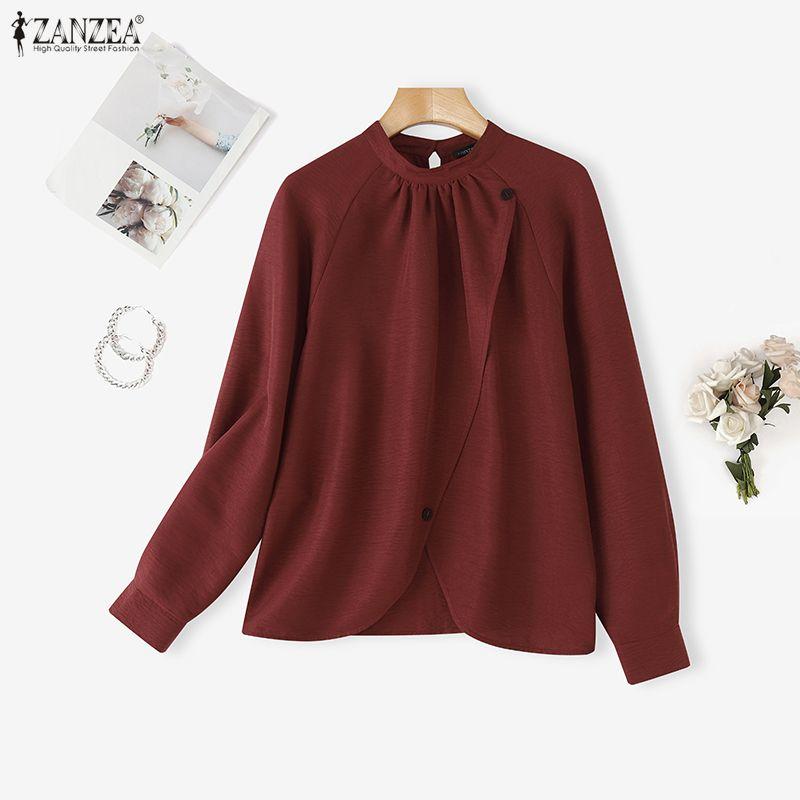 ZANZEA Lässige Bluse mit Stehkragen und einfarbigen Langarmshirts für Damen