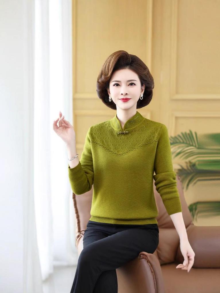 2024 Warm Knit Fair Isle Sweater with Qipao Collar for Middle-Aged & Elderly Women