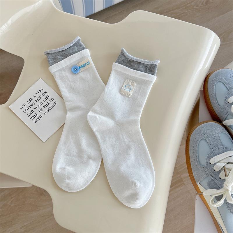 

Женские хлопковые бесшовные носки до середины икры на весну/лето с боковой пуговицей AB и двойной резинкой One Size белый