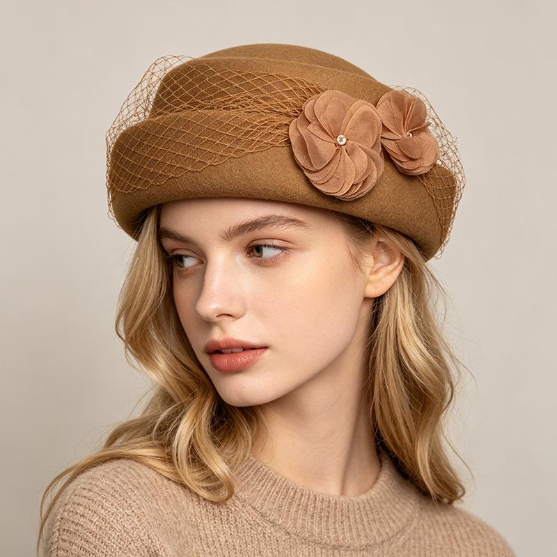 National Style Silk Hemp Pearl Flower Beret Children Autumn and Winter Australian Wool Felt Hat Heavy Industry Double Mode Mesh Top Hat