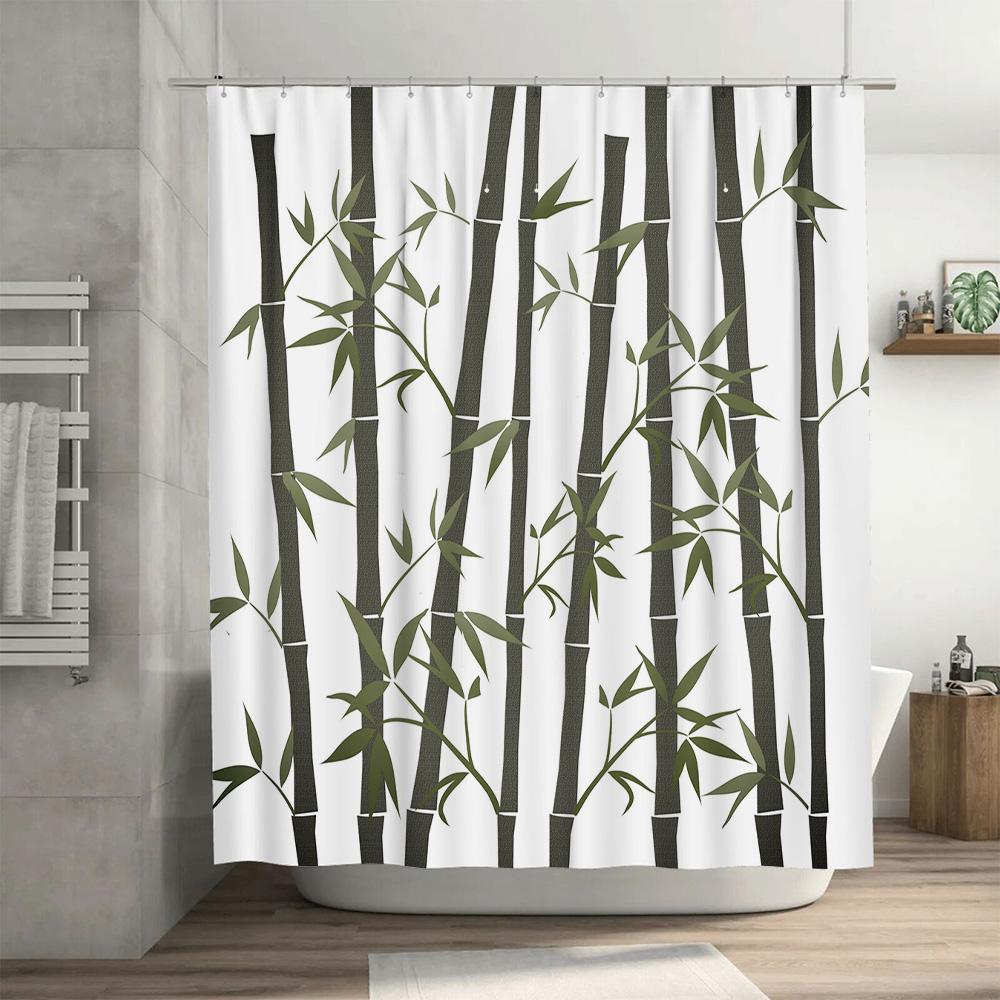 Bamboo Pattern Shower Curtain Waterproof Bathroom Decor Green Leaves Black Rods White Fabric Print Home Accessories Decoration