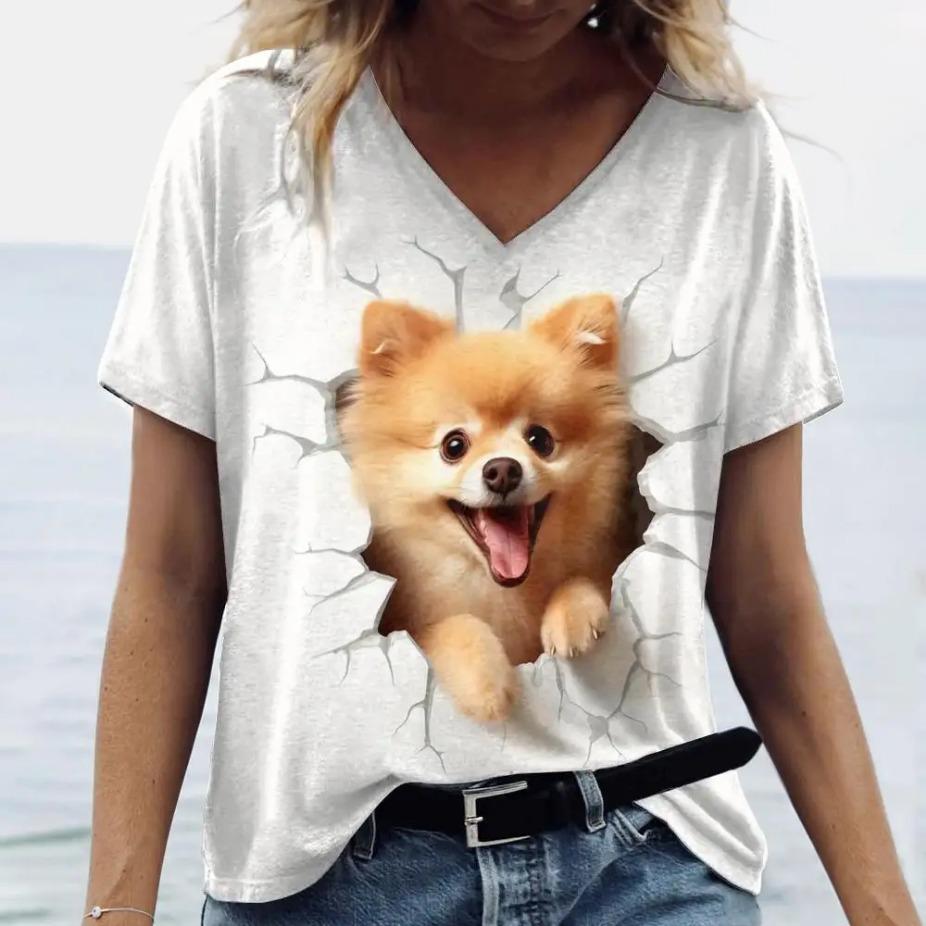 Summer V-neck 3D Animal Cat Dog Printed Top Fashionable Casual Short Sleeved Women's T-shirts