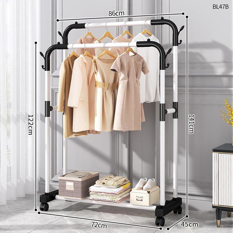 Plastic Floor-Standing Balcony and Bedroom Clothes & Hat Rack, with Folding Drying Pole and Storage.