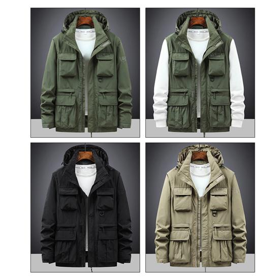 Pánská bunda Odstranění klopy Bunda s kapucí a dlouhým rukávem Kabát s více kapsami Design Jednobarevná léga na zip Venkovní bunda