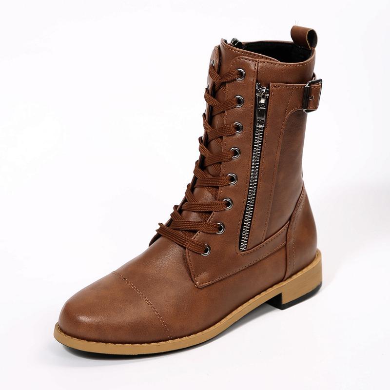 Medium women's boots autumn and winter new round head fashion belt buckle solid color side zipper Martin boots