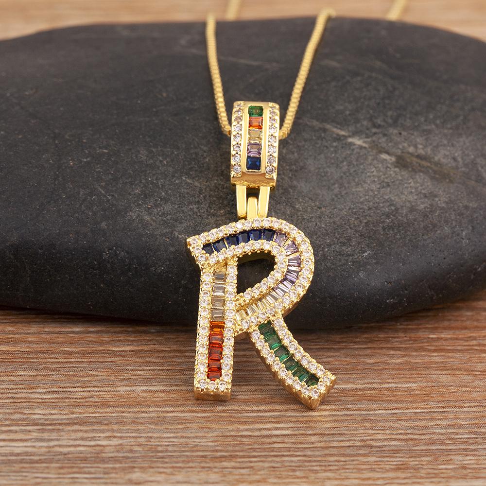 Nidin Simple Fashion 26 A-Z Letters Alphabet Rainbow Cubic Zirconia Pendant Necklace For Women Men Hip-Hop Style Copper Jewelry