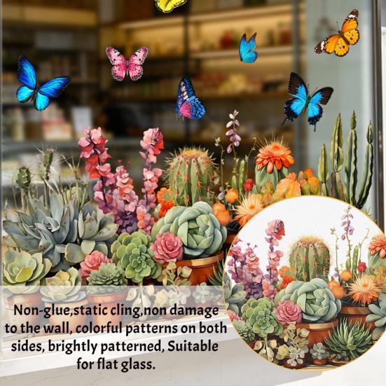 Potted Plant Window Clings Botanical Butterfly Cactus Decals Green Plants Static PVC Glass Stickers for Home Office Shop Decor