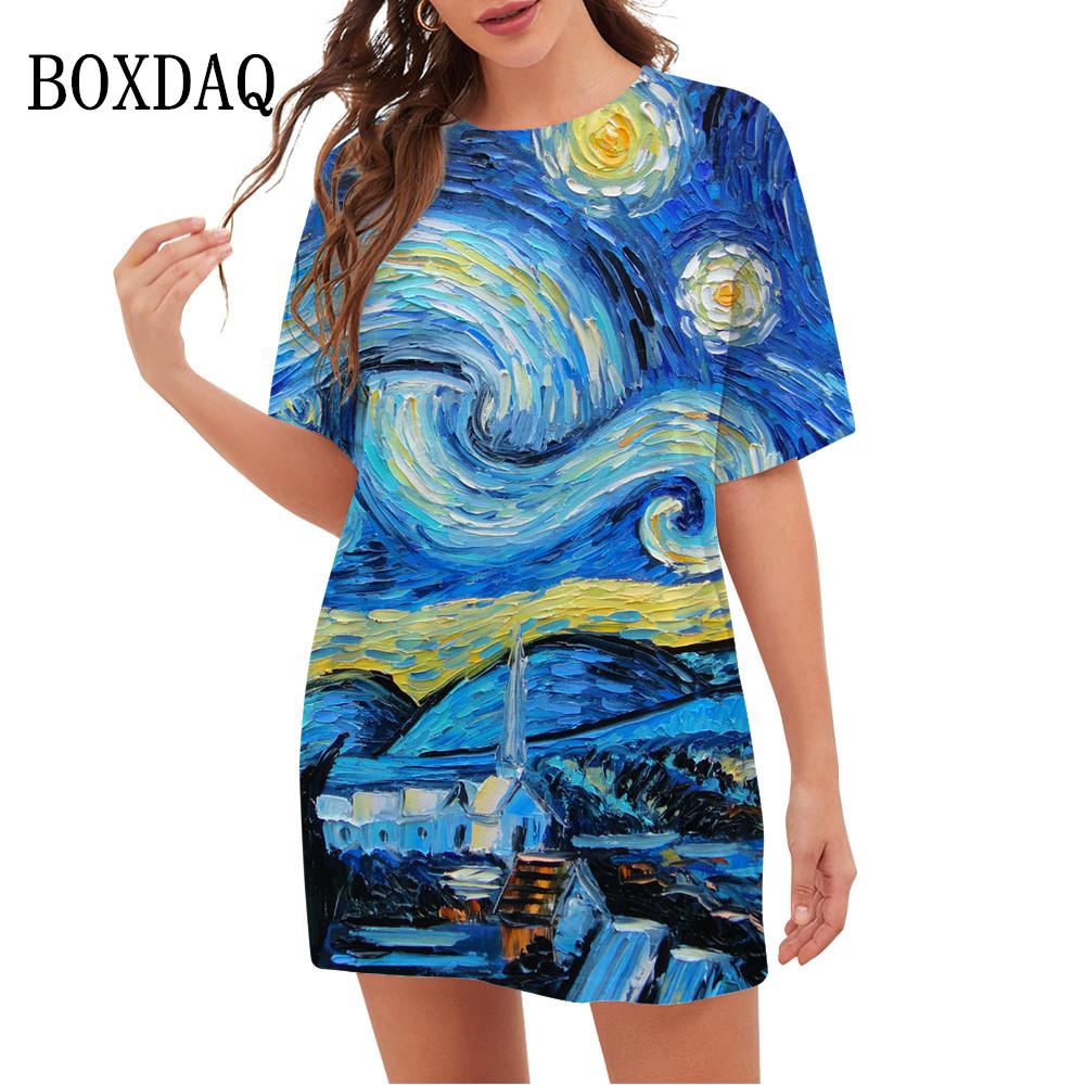 

2026 Women s Art Nouveau Van Gogh Starry Night 3d Printing Short-sleeved O-neck Loose Summer Retro Dress S