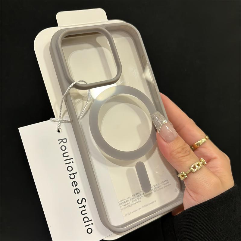 Titanium Gray Magnetic Transparent Case For iPhone 15 14 13 12 11 Pro Max Plus Magsafe in-car Antiskid Wireless Charging Cover