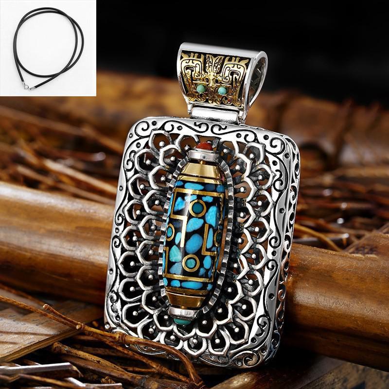 

Sterling Silver Necklace with Rotating Turquoise Dzi Bead and Taotie Design - Unisex National Trend
