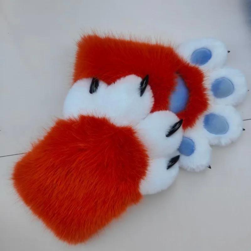 Leopard Print Plush Animal Paw Gloves Synthetic Fur Style Fursuit Hand Paws Cosplay Costume for Halloween Party