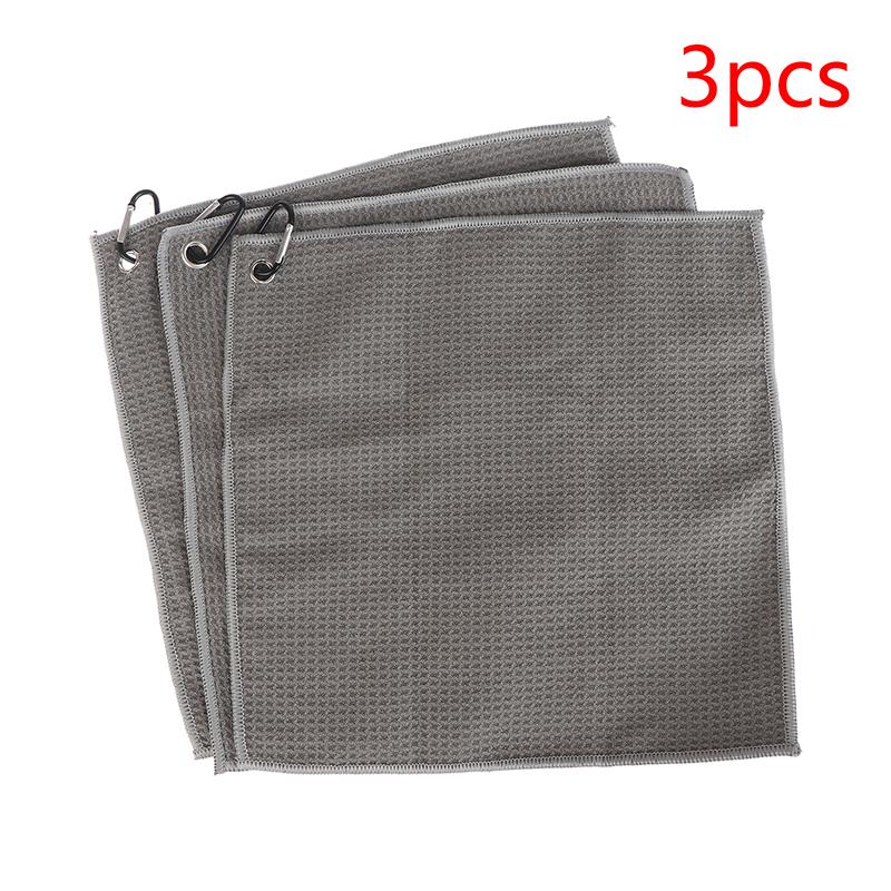 Lot de 3 serviettes de golf en microfibre triple pliage 30 cm x 30 cm avec crochet de suspension Motif gaufré Disque de vol pour le sport et les activités de plein air