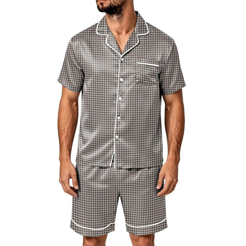 Men's Short Sleeve Pajama Set with Pockets - Soft Satin Stripe Plaid Print Two-Piece Outfit for Home and Casual Wear