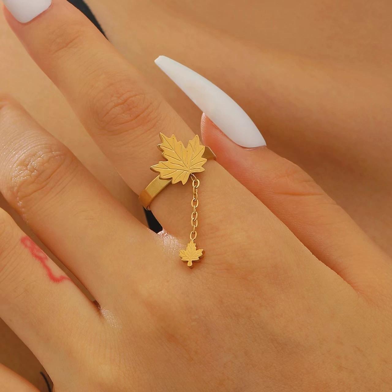 

Stainless Steel Maple Leaf Jewelry Set for Women Luxury Hoop Earring Y Shape Tassel Leaves Rings Necklace Daily Wear No Fading