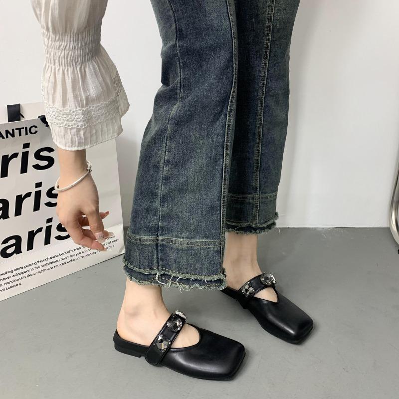 Fashion Baotou Semi-slippers Women's Summer New Flat Square Toe Pumps Women's Sequined Mary Jane Women's Shoes