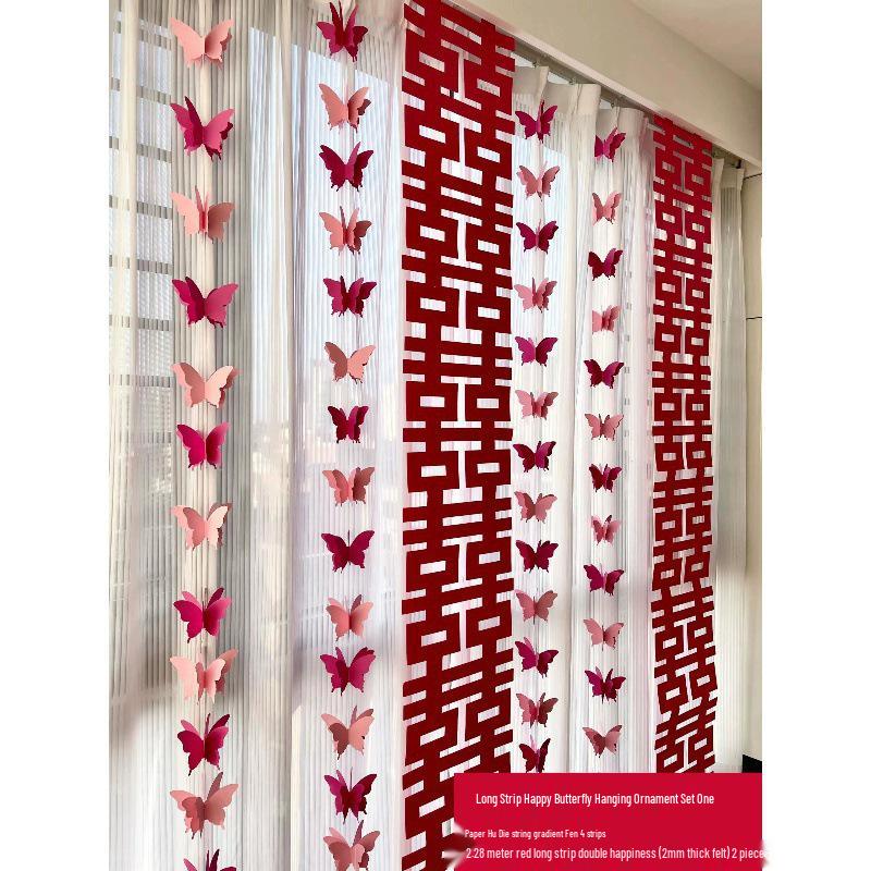 Butterfly Wedding Decoration Set: Pull-Flower Banners & Double Happiness Curtains for Bedroom & Living Room
