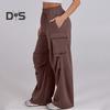 Women Cargo Pants Elastic Waist Mid-rise Straight Wide Leg Sweatpants with Multi Pockets Solid Color Casual Jogging Pants Loose Lounge Pants