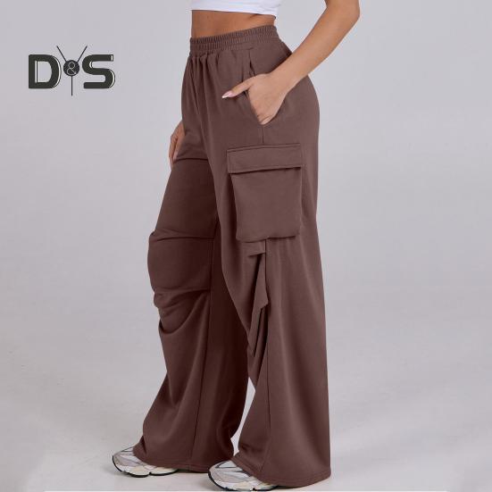 Women Cargo Pants Elastic Waist Mid-rise Straight Wide Leg Sweatpants with Multi Pockets Solid Color Casual Jogging Pants Loose Lounge Pants