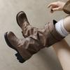 Women's High Boots, Retro British Pant Tube Boots, Round Head, Thick Sole, Thick Heel, Belt Buckle, Knee Boots, Knight Boots.