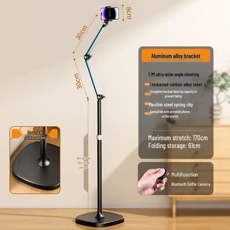 Multifunctional Floor & Bedside Mobile Phone Holder for Streaming, Overhead & Low-Angle Shots, Retractable Stand for Videos & TikTok