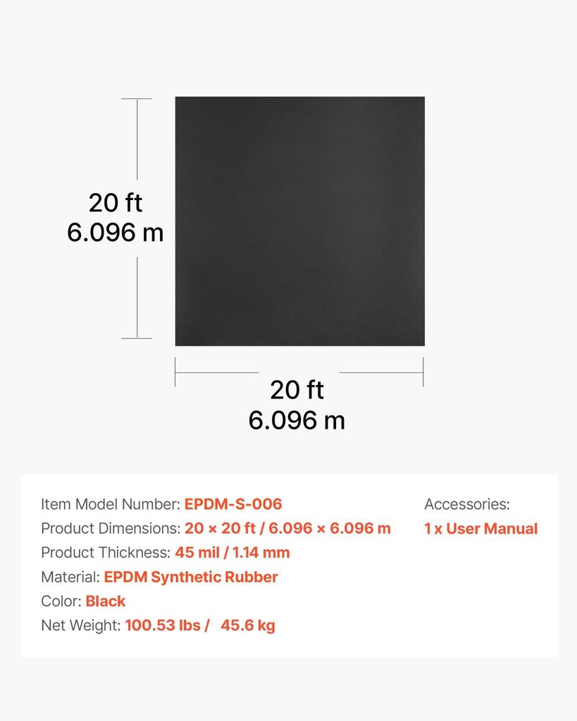 Roll Roofing, 20 x 20 ft, 45 mil EPDM Rubber Roofing, Long Lifespan & Weather-resistant, Withstands Harsh Temperatures, Flexible & Easy Installation,