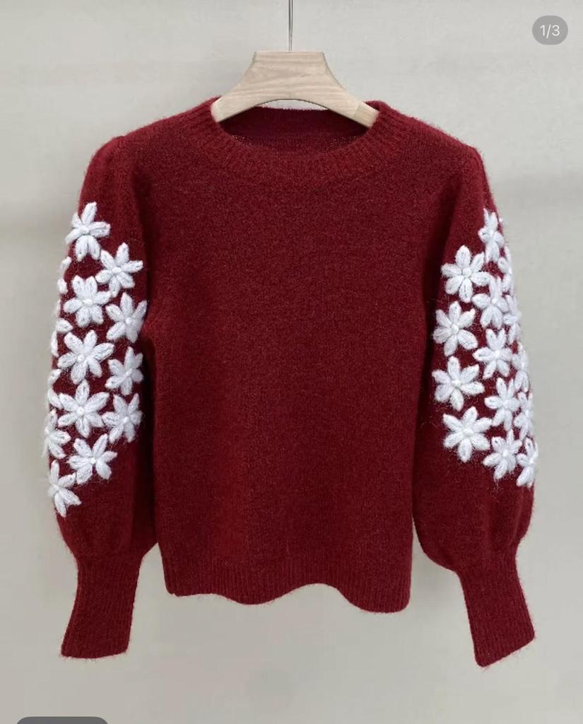 French Retro Red Embroidered Floral Crochet Wool Sweater for Women - 2026 Spring Collection