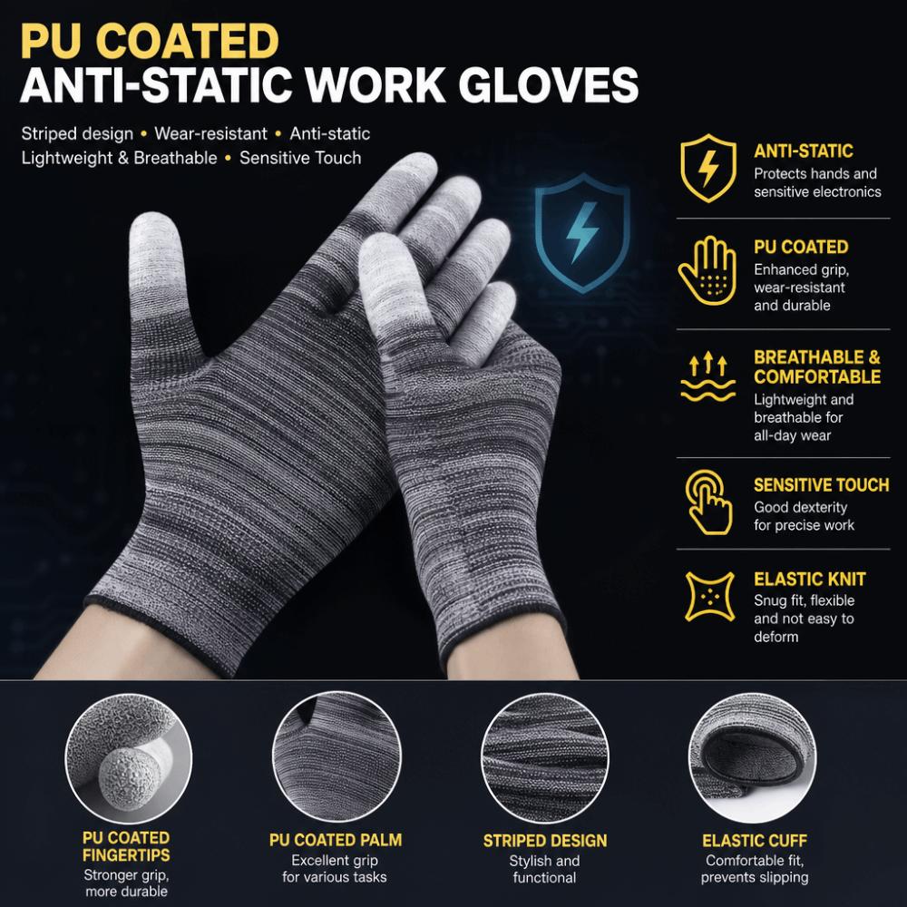 6pairs Coated Finger Anti-Static Gloves Antiskid Dust-Free ESD Safety Gloves Electronic Working Protection Gloves