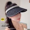 Women's Summer UV Protection Topless Sun Hat with Pearls - Black Rubber Wide Brim
