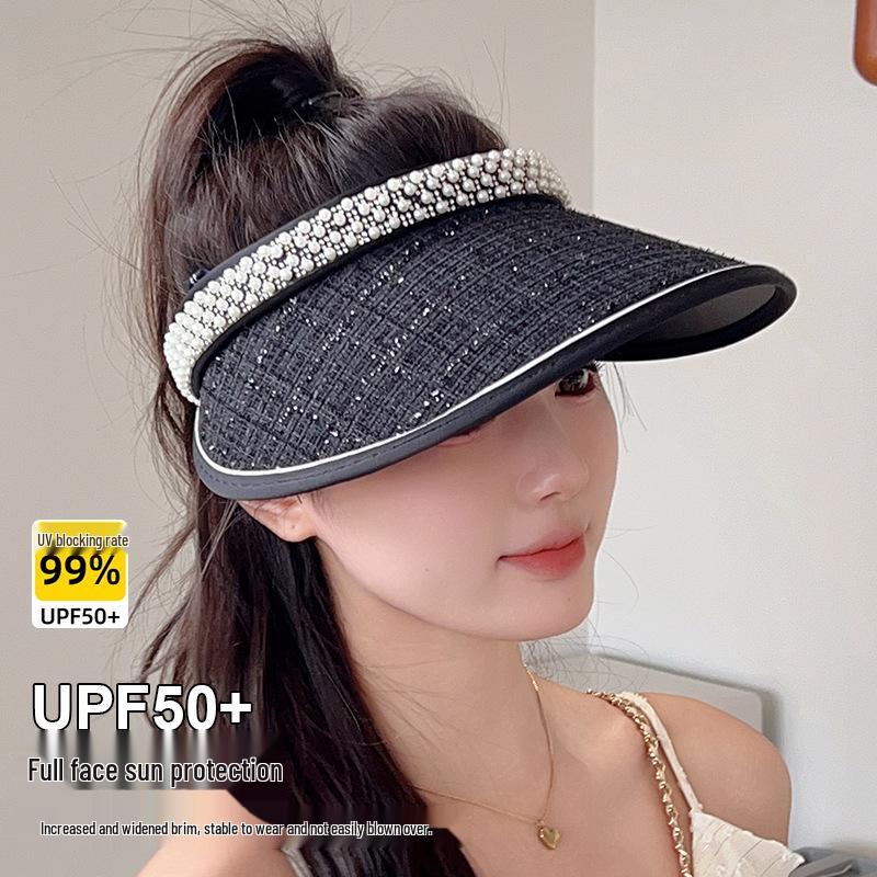 Women's Summer UV Protection Topless Sun Hat with Pearls - Black Rubber Wide Brim