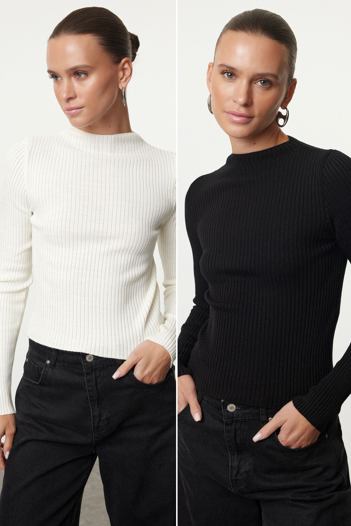 

Women s Fashionable Stylish Sweater Black-Ecru Basic 2 Pack Knitwear Sweater M