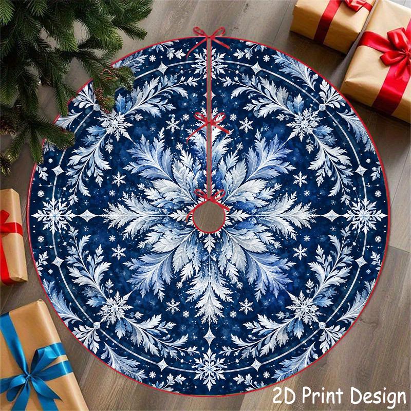 1pc Large Navy Blue Snowflake Christmas Tree Skirt with Scrollwork Base & Winter Round Print - Suitable for Christmas, New Year, Winter Decorations, C