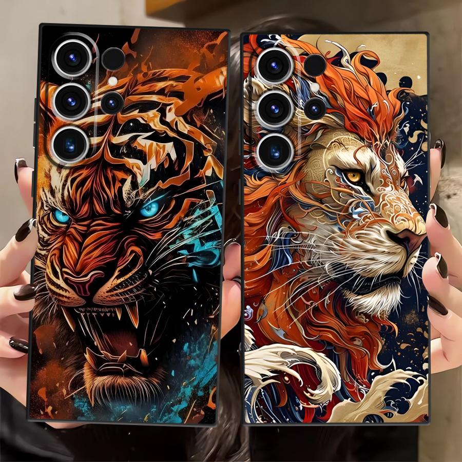 Black Soft Phone Cover Case for Samsung Galaxy S21 S23 FE S22 S25+ S25 Ultra S23+ S24+ S24 Plus S20 Note 20 10 Cool Lion