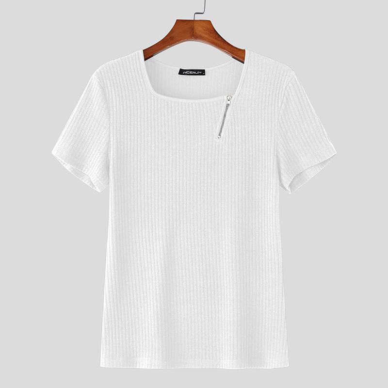 INCERUN Summer Men Square Collar Short Sleeve Zip-up Casual Rib Skinny T-shirts