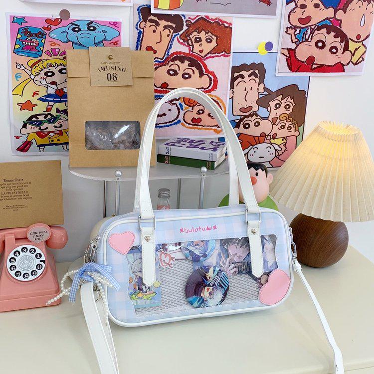 Japanese Kawaii Heart Plaid Ita Bag - Women's Transparent Crossbody with Pin Board