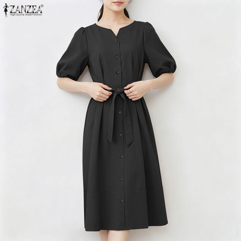 ZANZEA Lässiges, einfarbiges, lockeres Kurzarmkleid mit V-Ausschnitt für Damen