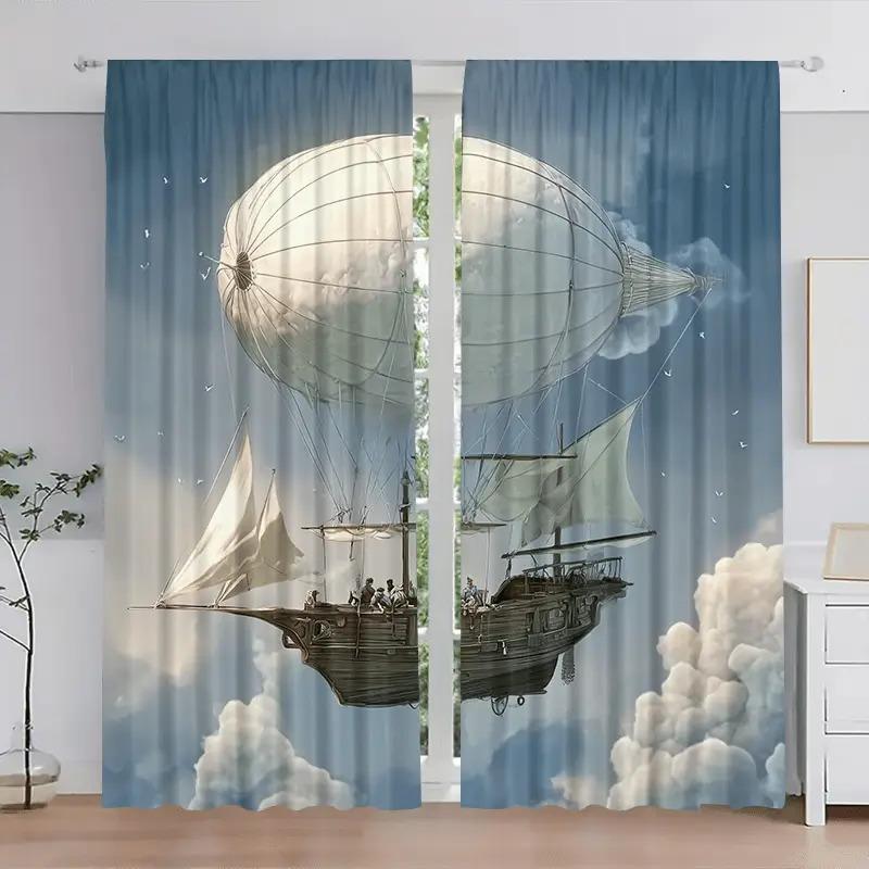 2pcs Flying Ship Cloud Curtains - Hot Air Balloon & Airship Window Drapes, Dark & Sky Clouds Design, Light Filtering Privacy 60×150