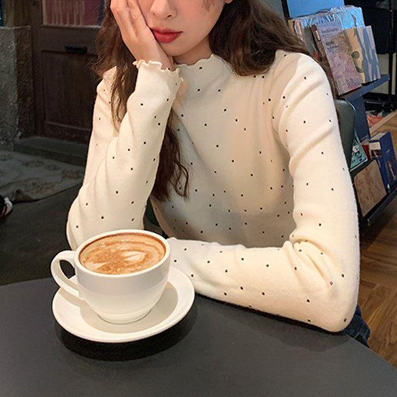 

Polka Dot High Neck Ruffle Trim Long Sleeve Slim Fit T-Shirt for Women M белый
