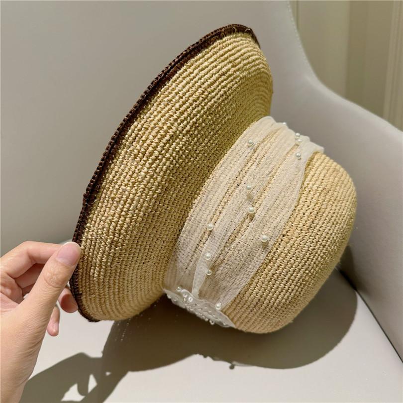 Ins Chic Summer Colored Square Stitching Decoration Hand Raffia Grass Sunshade Lady Bucket Cap Women Leisure Hat