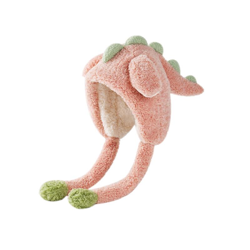 Cute cartoon pullover hat dinosaur integrated hat autumn and winter thickened plush hat thermal ear hat children