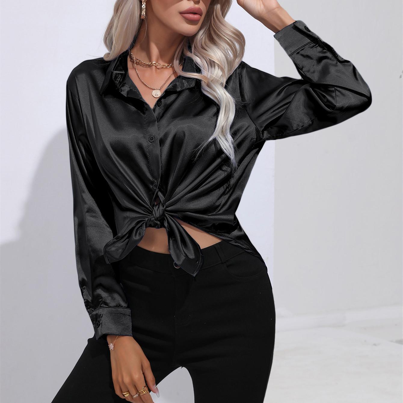 

GMXIA Женские модные повседневные однотонные блузки и рубашки-поло с длинным рукавом с принтом XXL чёрный