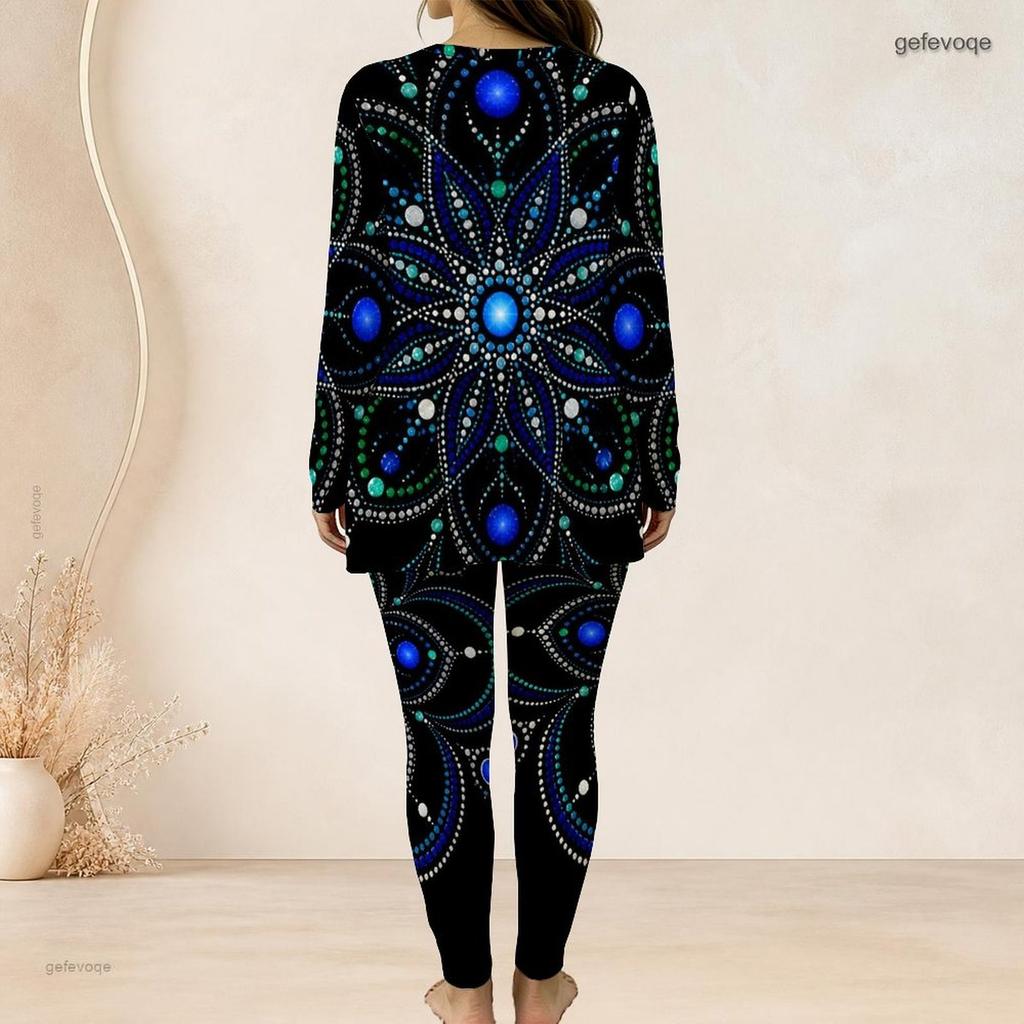 Women Plus Size Two Piece Set Round Neck Long Sleeve Colorful Printed Longline Top Fitted Pants