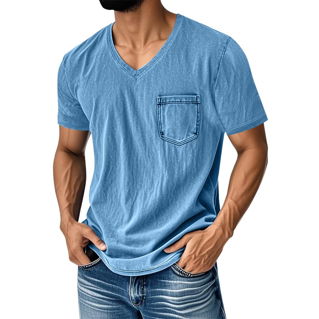 Men's Summer Solid Color V-Neck Loose Pocket Short Sleeve Top