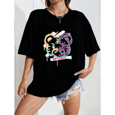 White Oversized T Shirt With Colorful Bear And Ohliah Graphic Print For Casual Wear