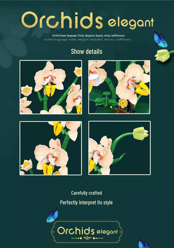 Golden Orchid Preserved Flower Bouquet Building Kit - Small Particle Assembly Display Toy for Girls.