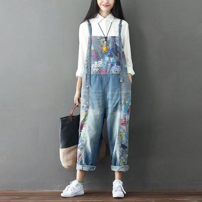 Vintage Floral Printed Denim Jumpsuit Women Retro Suspender Wide Leg Denim Overalls for Women Jeans Jumpsuit Ladies