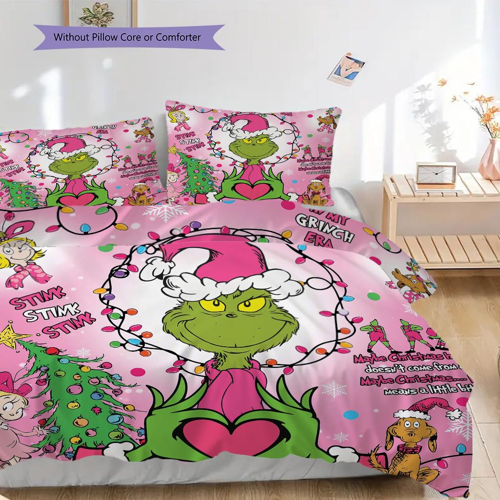 1 ST Grinch patroon Beddengoed Dekbed Set Dekbedovertrek Kussensloop Huisdecoratie Verjaardagscadeau (1 dekbedovertrek + 2 kussenslopen, zonder binnenkussen)